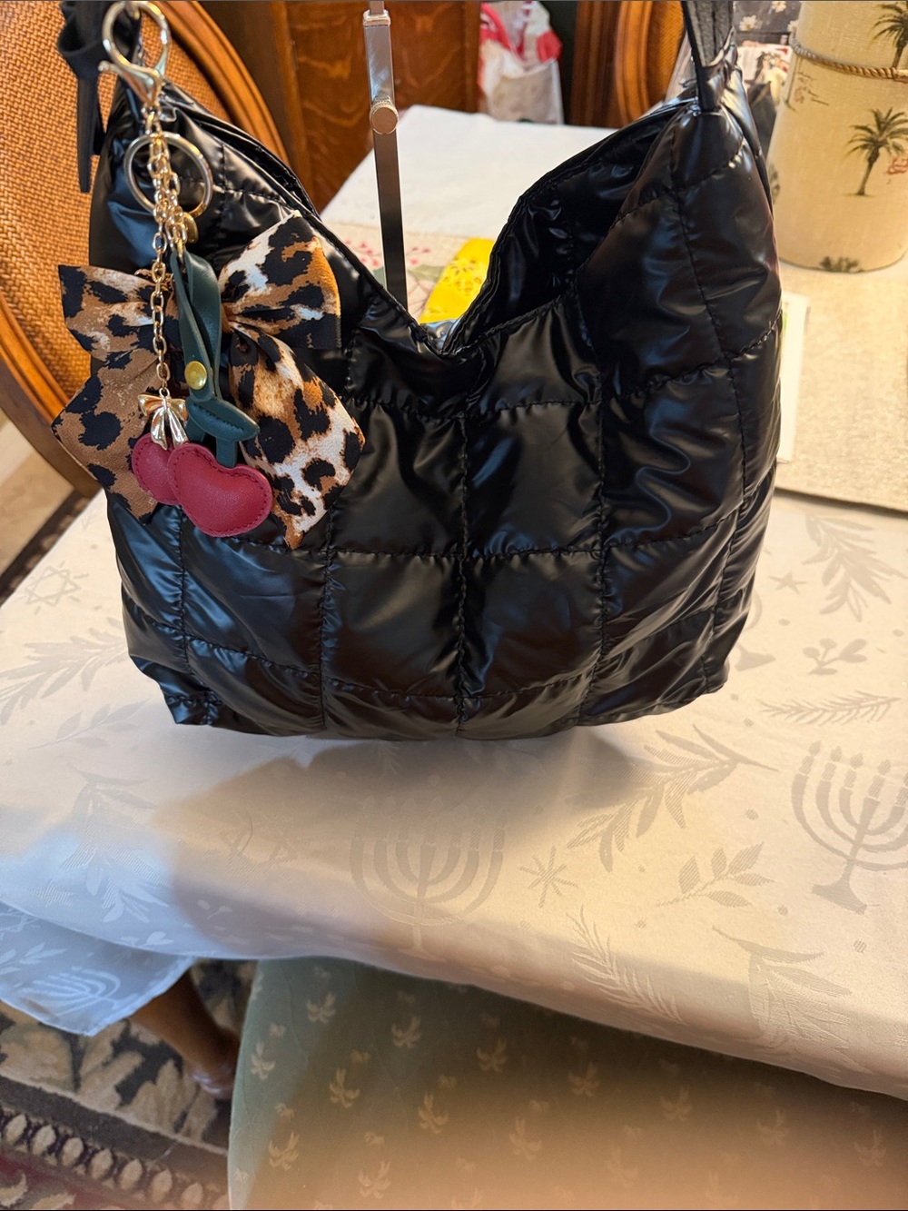 Fashion Brand Company Black Quilted Puffer Shoulder Bag with Charm Accents